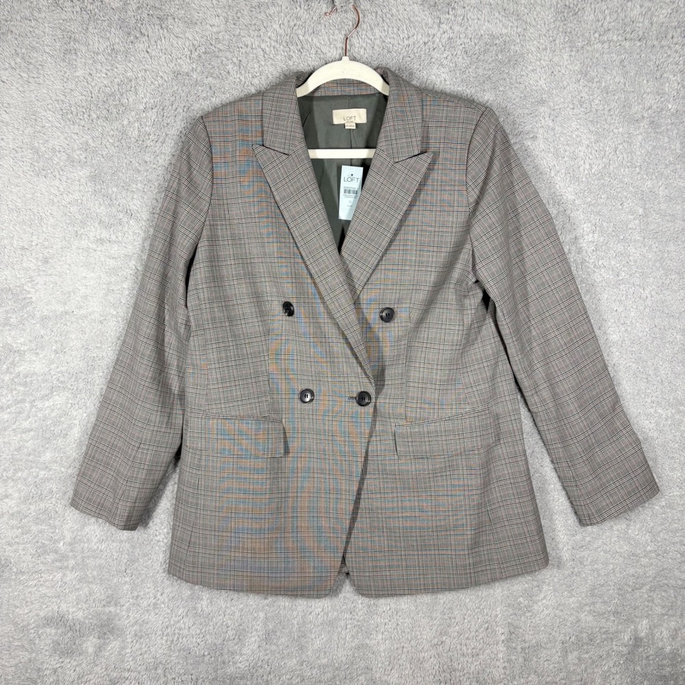 NEW LOFT Versa Plaid Seasonless‎ Stretch Double Breasted Blaze Sz 12 Petite Gray - Picture 2 of 10